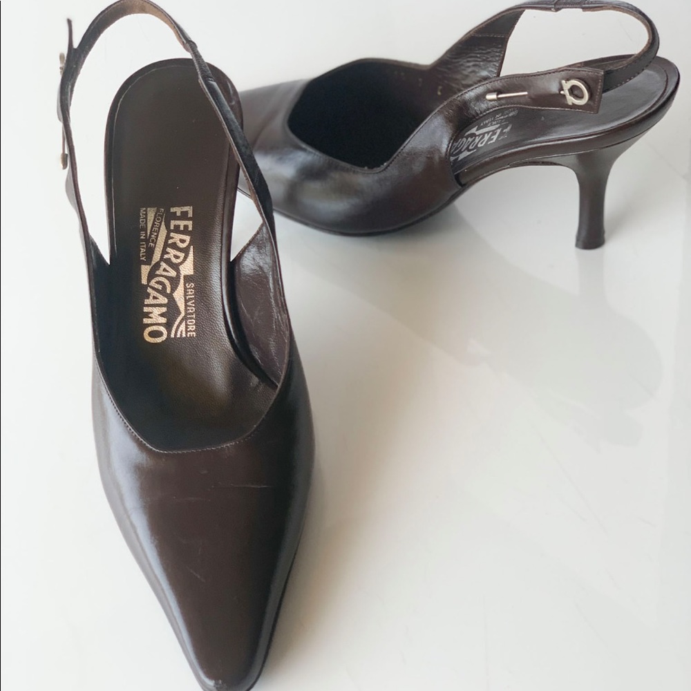 SALVATORE FERRAGAMO Slingback leather  Rhinestone Pin Detail